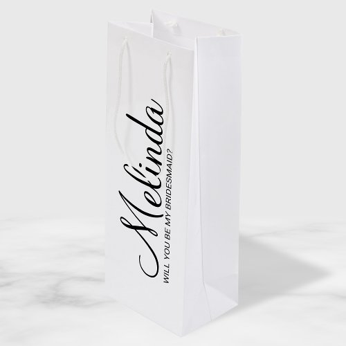 Modern White Personalized Bridesmaid Proposal Wine Gift Bag