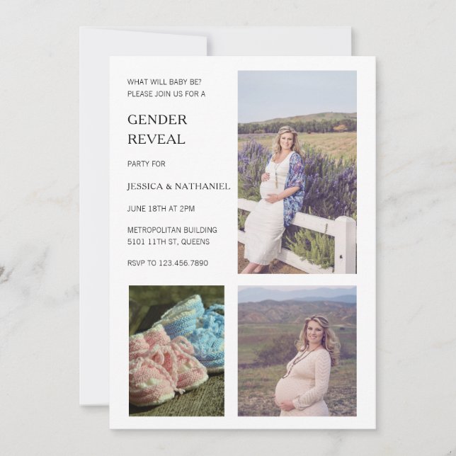 Modern White Photo Collage Gender Reveal Party Invitation (Front)
