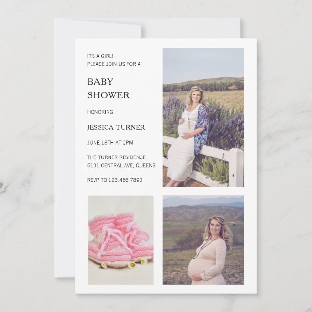 Modern White Photo Collage Girl Baby Shower Invitation (Front)