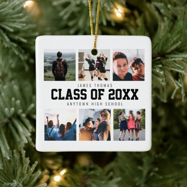 Modern White Photo Collage Graduation Keepsake Ceramic Ornament (Tree)