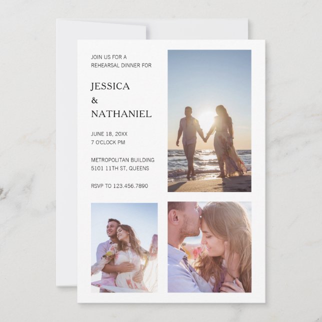 Modern White Photo Collage Rehearsal Dinner Invitation (Front)