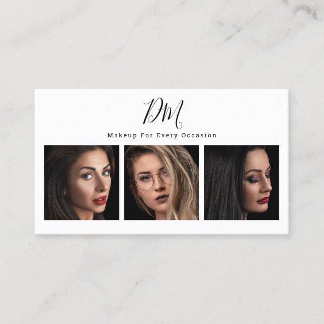 Modern white photo collage trendy makeup artist business card (Front)