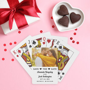 Modern White Photo Heart Save the Date Poker Cards