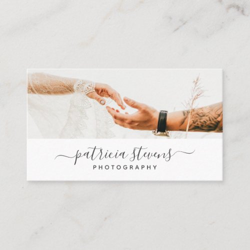 Modern white photographer script typography photo business card