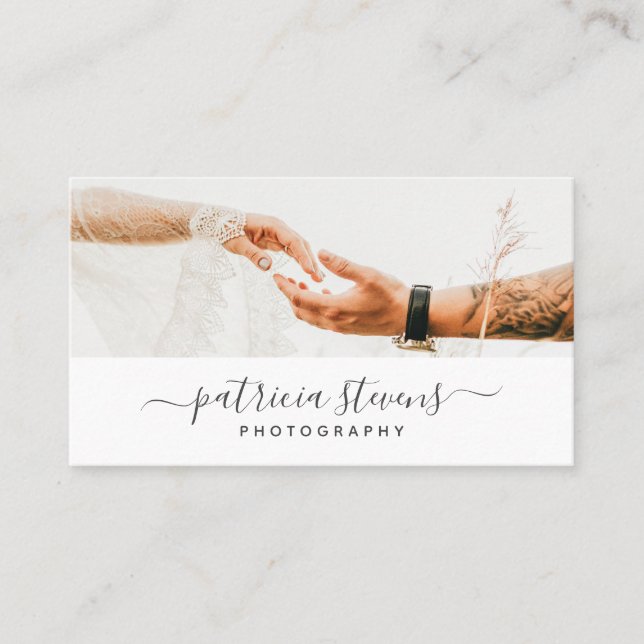 Modern white photographer script typography photo business card (Front)