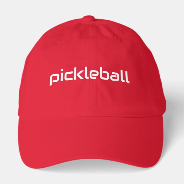 Modern White PICKLEBALL Text Red Background Hat (Front)