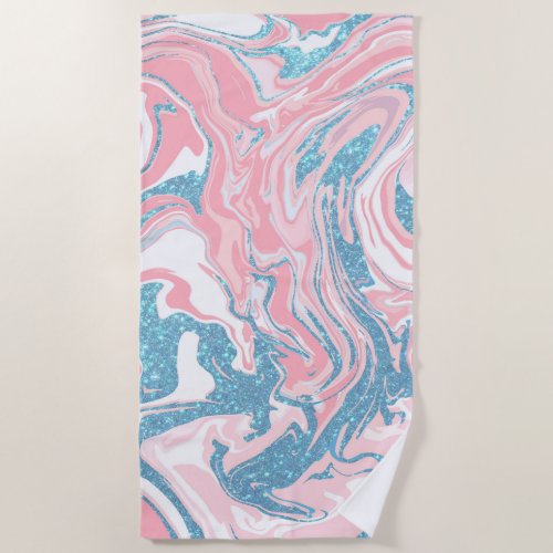 Modern White Pink Blue Glitter Marble Beach Towel