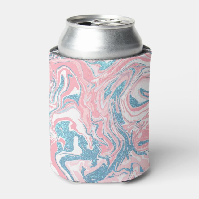 Modern White Pink Blue Glitter Marble Can Cooler (Can Front)