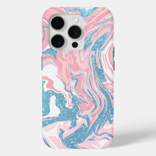 Modern White Pink Blue Glitter Marble iPhone 15 Pro Case