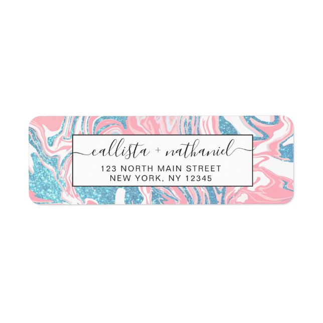 Modern White Pink Blue Glitter Marble Label (Front)
