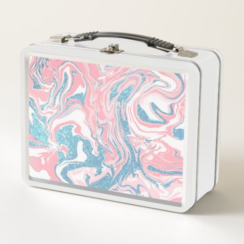 Modern White Pink Blue Glitter Marble Metal Lunch Box