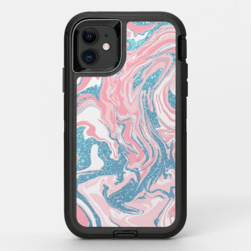 Modern White Pink Blue Glitter Marble OtterBox Defender iPhone 11 Case