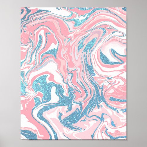 Modern White Pink Blue Glitter Marble Poster