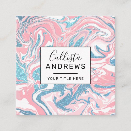 Modern White Pink Blue Glitter Marble Square Business Card
