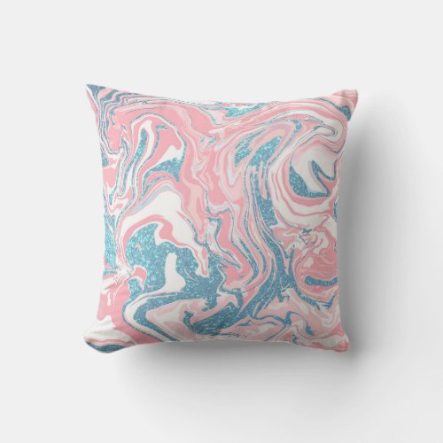 Modern White Pink Blue Glitter Marble Throw Pillow