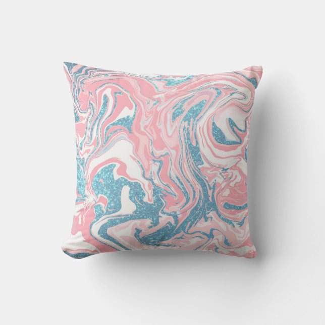 Modern White Pink Blue Glitter Marble Throw Pillow (Front)