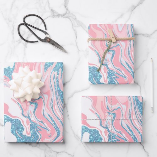 Modern White Pink Blue Glitter Marble Wrapping Paper Sheets