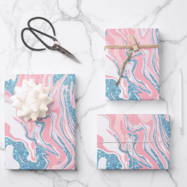 Modern White Pink Blue Glitter Marble Wrapping Paper Sheets (Front)