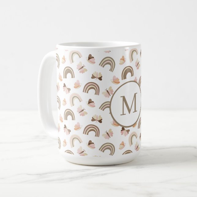 Modern White &pink Butterflies Rainbow Pattern  Coffee Mug (Front Left)