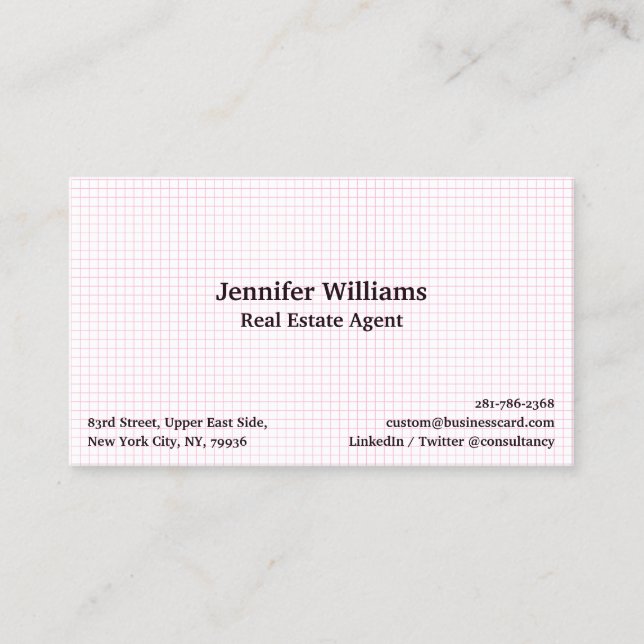 Modern White Pink Checkered Geometric Pattern Chic Business Card (Front)