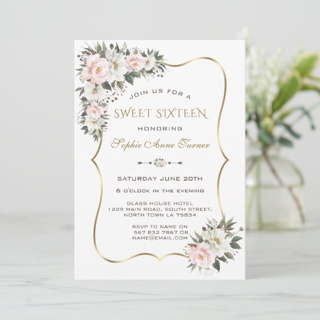 Modern White Pink Flowers Gold Frame Sweet 16  Invitation (Standing Front)