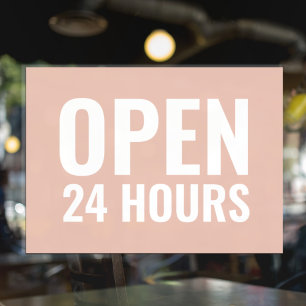 Modern White & Pink Open 24 Hours  Window Cling