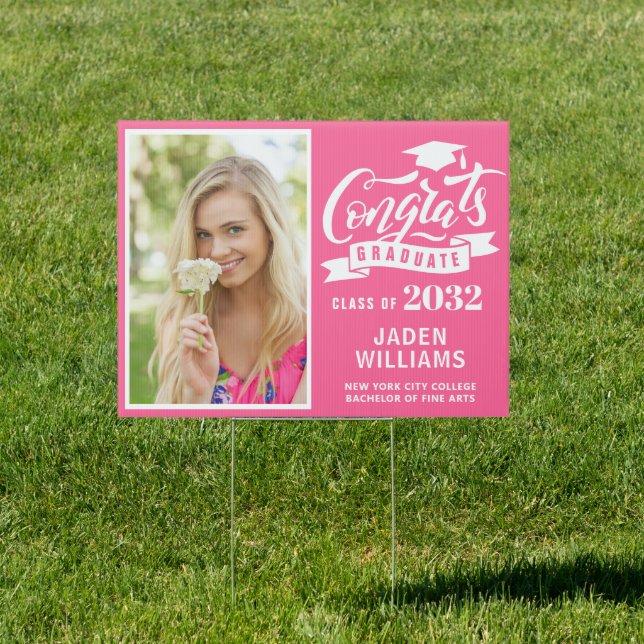 Modern White Pink PHOTO Graduation Banner Yard Sign (Insitu)