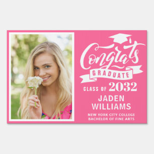 Modern White Pink PHOTO Graduation Banner Yard Sign