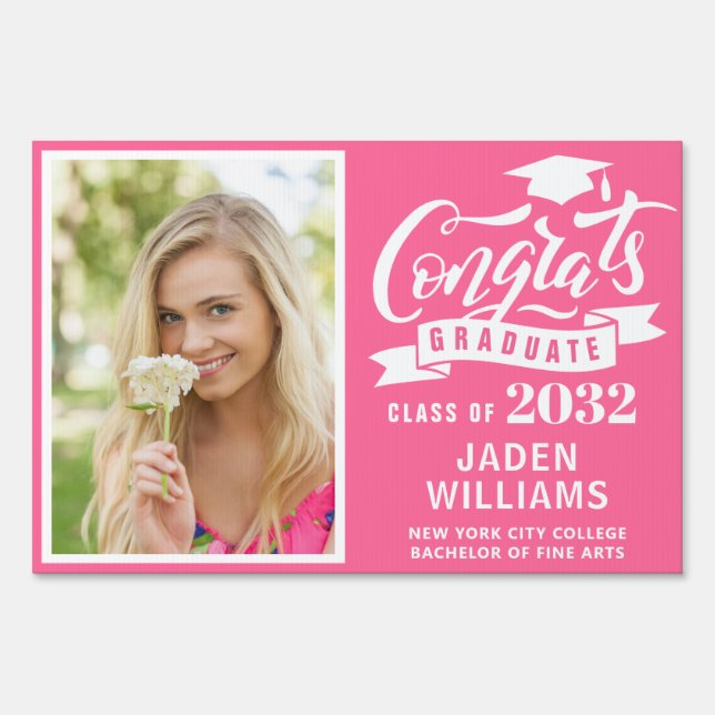 Modern White Pink PHOTO Graduation Banner Yard Sign (Front)