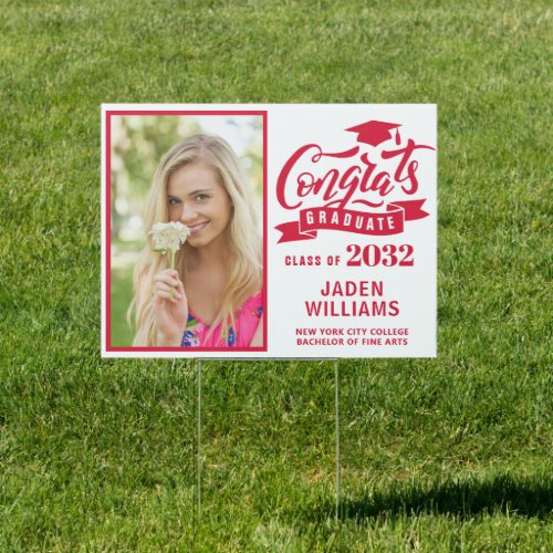 Modern White Pink PHOTO Graduation Banner Yard Sign