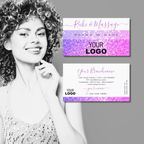Modern White Pink Purple Sparkle Glitter with Logo Business Card