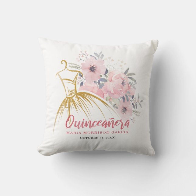 Modern White Pink Quinceanera 15th Birthday Script Throw Pillow (Front)