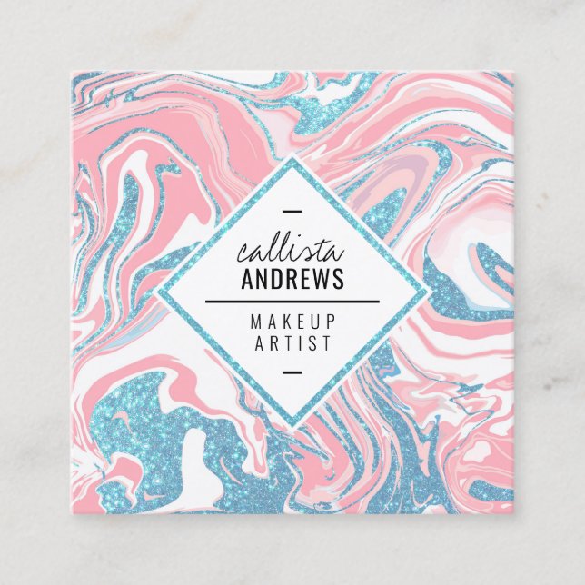 Modern White Pink Sky Blue Glitter Marble Makeup Square Business Card (Front)