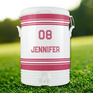 Modern White Pink Stripe Player Name Jersey Number Beverage Cooler