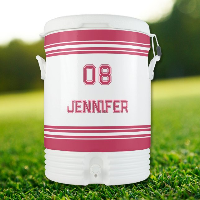 Modern White Pink Stripe Player Name Jersey Number Beverage Cooler (Modern White Pink Stripe Player Name Jersey Number Beverage Cooler)