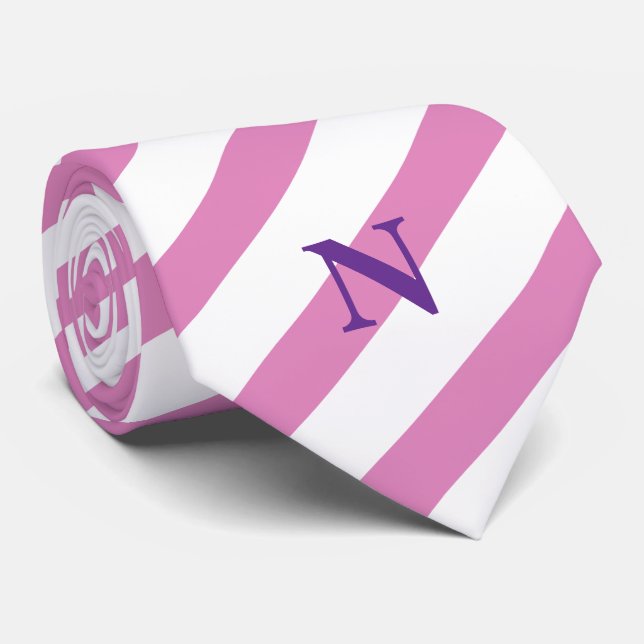 modern white pink stripes purple monogram  neck ti neck tie (Rolled)