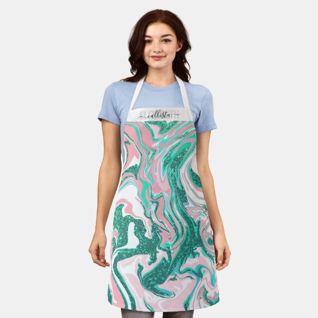 Modern White Pink Teal Green Glitter Marble Apron (Worn)