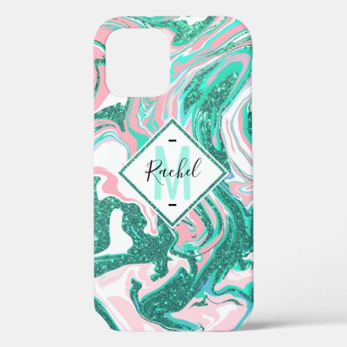Modern White Pink Teal Green Glitter Marble iPhone 12 Case