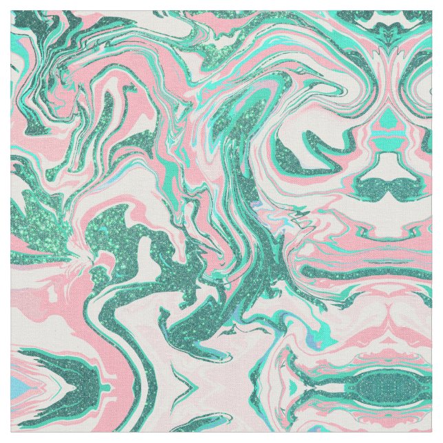 Modern White Pink Teal Green Glitter Marble Fabric (Close Up)