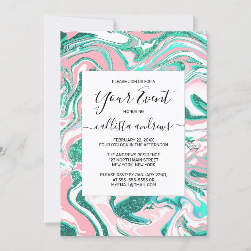 Modern White Pink Teal Green Glitter Marble Invitation