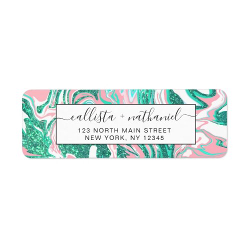 Modern White Pink Teal Green Glitter Marble Label