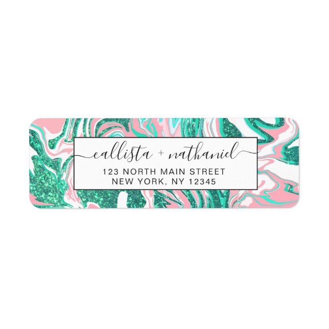 Modern White Pink Teal Green Glitter Marble Label (Front)