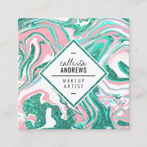 Modern White Pink Teal Green Glitter Marble Makeup Square Business Card