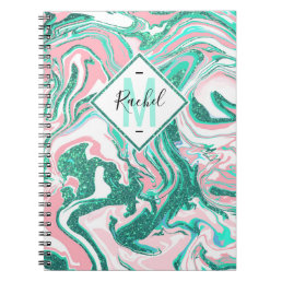 Modern White Pink Teal Green Glitter Marble Notebook