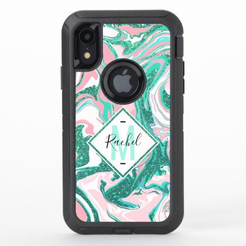 Modern White Pink Teal Green Glitter Marble OtterBox Defender iPhone XR Case