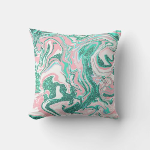 Modern White Pink Teal Green Glitter Marble Outdoor Pillow
