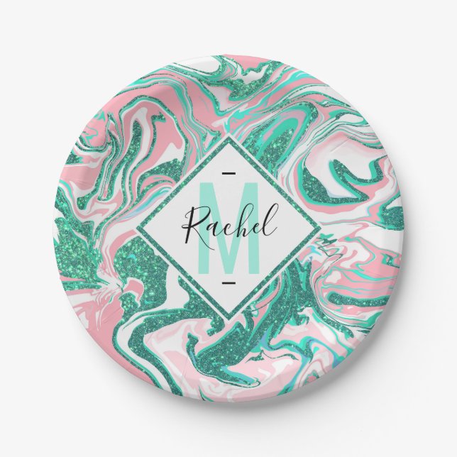 Modern White Pink Teal Green Glitter Marble Paper Plates (Front)