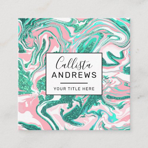Modern White Pink Teal Green Glitter Marble Square Business Card