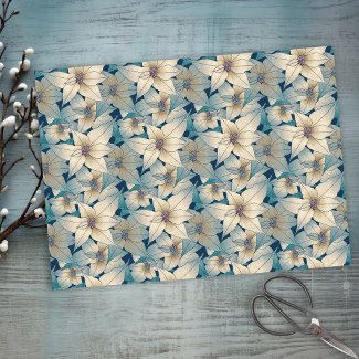 Modern White Poinsettia Christmas Blue Pattern