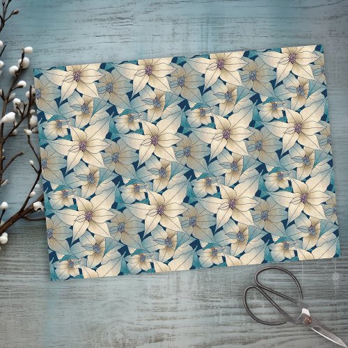 Modern White Poinsettia Christmas Blue Pattern Tissue Paper